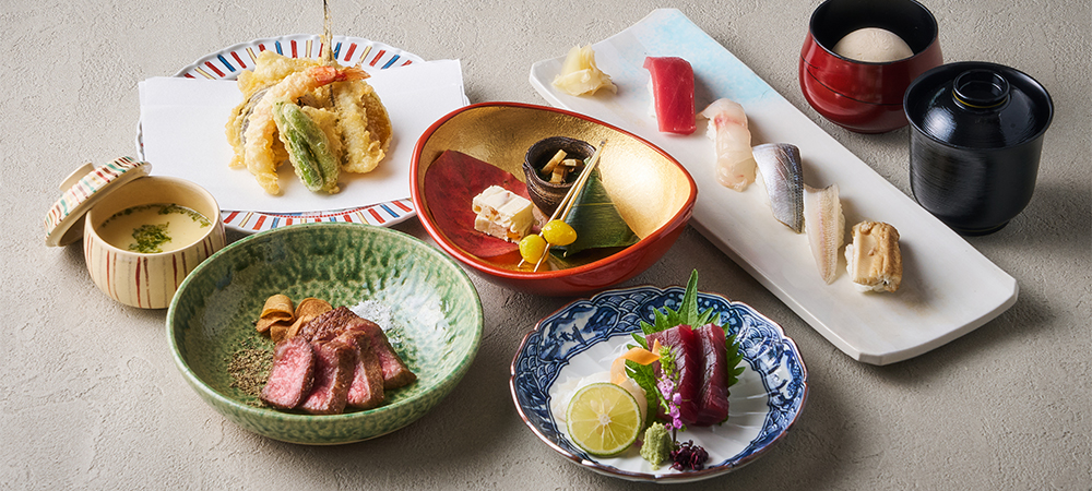 日本料理「さくら」自慢の寿司や天ぷら、鉄板焼をご堪能いただけるディナーコース”伏見（ふしみ）”